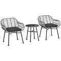 Outsunny 3 Piece Patio Set Outdoor Bistro Furniture PE Rattan Wicker Table and Chairs Cushioned Hand Woven Modern Look with Tempered Glass for Garden Porch Pool Backyard Gray