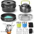 16pcs Camping Cookware Set with Folding Camping Stove Non-Stick Lightweight Pot Pan Kettle Set with Stainless Steel Cups Plates Forks Knives Spoons for Camping Backpacking Outdoor Picnic