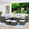 Superjoe 7 Pcs Outdoor Wicker Dining Set Patio Set with Table and Ottoman Steel Frame Gray