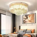 FINE MAKER 24 Crystal Ceiling Light 4 Light Round Flush Mount Ceiling Lamp with Remote Control for Living Room Decorative Gold Metal Finish