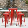 Flash Furniture Commercial Grade 24 Round Red Metal Indoor-Outdoor Bar Table Set with 4 Square Seat Backless Stools