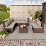 Kullavik Outdoor Patio Furniture Set 7 Pieces Sectional Rattan Wicker Furniture Sofa Set Patio Conversation Set with Tempered Glass Table and Seat Cushion Sand