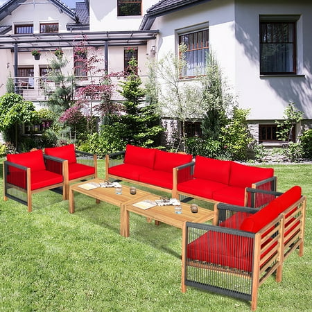 Costway 8 PCS Acacia Wood Patio Conversation Set w/Cushions for Garden Red