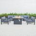 LeisureMod Chelsea 7-Piece Patio Conversation Set Outdoor Sectional Sofa Set Black Aluminum With Fire Pit Table & Cushions in Blue