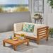 Kylan Outdoor Modular 3 Piece Acacia Wood Sectional Loveseat and Coffee Table with Cushions Teak Beige