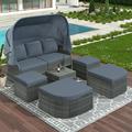 SYNGAR Outdoor Daybed with Canopy 6 Piece PE Wicker Sectional Furniture Set with Ottomans Rattan Conversation Sofa Set Patio Sunbed with Cushions for Backyard Pool Garden Gray D6940