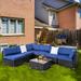 Kinbor 7pcs Outdoor Patio Sectional Set Rattan Wicker Furniture Sectional Sofa Set with Dark Blue Cushions