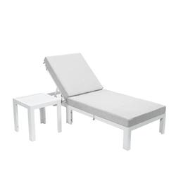 LeisureMod Chelsea Modern White Aluminum Outdoor Chaise Lounge Chair With Side Table & Light Grey Cushions