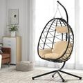 Hanging Chair Swing Egg Chair Outdoor Rattan Egg Swing Chair Heavy Duty Hammock Chair with Stand Cushion and Pillow Steel Frame Loading 300lbs for Indoor Outdoor Bedroom Patio Garden