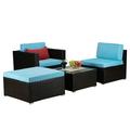 Outdoor Sectional Patio Furniture Set 4Pcs All-weather Wicker Sofa Set with Blue Cushions and Red Pillow Outside PE Rattan Conversation Couch Set for Front Porch Balcony Pool Backyard Garden