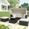 SYNGAR 4 Pieces Outdoor Sectional Furniture Set Patio PE Wicker Daybed Sunbed W/ Canopy Ottomans Coffee Table Cushioned Conversation Set for Backyard Porch Balcony Deck Poolside Beige D6264