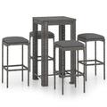 Anself 5 Piece Patio Bar Set Bar Table and 4 Stool Chairs with Footrest and Cushion Black Poly Rattan Bistro Set for Patio Balcony Yard Lawn Terrace