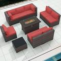 Gotland 10 Pieces Outdoor Patio Furniture with 43 Fire Pit Table Steel Frame PE Rattan Red