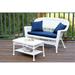 White Wicker Patio Love Seat and Coffee Table Set with Blue Cushion