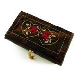 Romantic 30 Note Walnut Tone Double Red Rose and Heart Musical Jewelry Box - Chariots of Fire