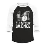 Shop4Ever Men s I Destroy Silence Drums Drummer Raglan Baseball Shirt X-Large Black/White