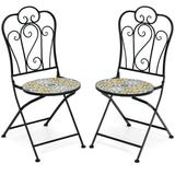 Patiojoy 2PCS Outdoor Mosaic Folding Bistro Chairs Patio Chairs with Ceramic Tiles Seat and Exquisite Floral Pattern Yellow Seat