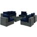 Modern Contemporary Urban Design Outdoor Patio Balcony Seven PCS Sectional Sofa Set Navy Blue Rattan