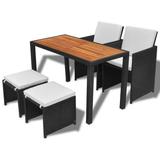 Anself 5 Piece Patio Dining Set Acacia Wood Tabletop Garden Table with 2 White Cushioned Chairs and 2 Stool Outdoor Dining Set for Garden Backyard Balcony