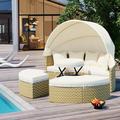 Patio Furniture Set Outdoor Sectional Round Daybed Sunbed with Retractable Canopy Separate Seating and Removable Beige Cushion All-Weather Wicker Conversation Set for Yard Garden Deck Pool