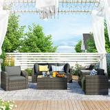 Clearance! 7 Piece Outdoor Patio Furniture Set Wicker Rattan Sectional Conversation Sofa with Tempered Glass Coffee Table and Storage Box for Porch Deck Garden (Grey)