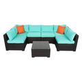 UBesGoo 7 Pieces Wicker Sectional Set Rattan Patio Furniture w/ Cushions Outdoor Furniture Couch Set with Lake Blue Cushion and Orange Pillow