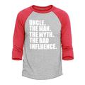 Shop4Ever Men s Uncle The Man The Myth The Bad Influence Funny Raglan Baseball Shirt Large Heather Grey/Red