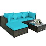 Patiojoy 4-Piece Outdoor Rattan Sectional Loveseat Couch Conversation Sofa Set with Storage Box &Coffee Table Turquoise