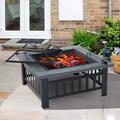 32 Outdoor Fire Pit Square Metal Fire Pit with Mesh Screen Lid Poker Heavy Backyard Patio Garden Stove Fire Pit/Ice Pit Portable Wood Burning BBQ Fire Pit Black Faux-Stone Finish