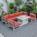 LeisureMod Chelsea Modern 7-Piece Outdoor Patio Conversation Set & 44 Propane Fire Pit Table in Weathered Grey Aluminum with Orange Cushions