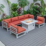 LeisureMod Chelsea Modern 7-Piece Outdoor Patio Conversation Set & 44 Propane Fire Pit Table in Weathered Grey Aluminum with Orange Cushions