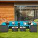 Gymax 8PCS Cushioned Rattan Patio Conversation Set w/ Side Table Turquoise Cushion