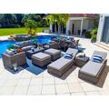 Tuscany 16-Piece Resin Wicker Outdoor Patio Furniture Combination Set with Loveseat Lounge Set Six-seat Dining Set and Chaise Lounge Set (Half-Round Gray Wicker Sunbrella Canvas Aruba)