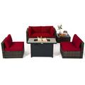 Patiojoy 6 Pieces Outdoor PE Rattan Wicker Sectional Sofa with 42 60 000 BTU Gas Fire Pit Table Patio Conversation Set with Tempered Glass Coffee Table Red