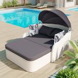 Seizeen Outdoor Rattan Chaise Lounge 2-Person Reclining Daybed with Adjustable Canopy and Gray Cushions Multifunction PE Wicker Furniture w/ Cover White