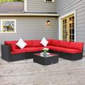 Kinbor 7pcs Outdoor Patio Rattan Wicker Furniture Sectional Sofa Set with Red Cushions
