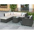Outdoor Wicker Furniture Sets 8 Piece Patio Furniture Sofa Set with 5 PE Wicker Sofas Ottoman 2 Coffee Table All-Weather Outdoor Conversation Set with Beige Cushions for Backyard Porch Garden Pool