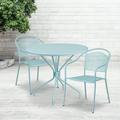 BizChair Commercial Grade 35.25 Round Sky Blue Indoor-Outdoor Steel Patio Table Set with 2 Round Back Chairs