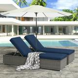 JOIVI 2 Pieces Outdoor Chaise Lounge Chair Patio Reclining Sun Lounger Brown Wicker Rattan Adjustable Lounge Chair Steel Frame with Removable Navy Blue Cushions for Poolside Deck and Backyard