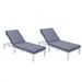 LeisureMod Chelsea Modern Weathered Grey Aluminum Outdoor Patio Chaise Lounge Chair Set of 2 With Blue Cushions