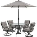 Hanover Lavallette 5-Piece Dining Set in Silver Linings with 4 Swivel Rockers 52-In. Round Glass-Top Table Umbrella and Base