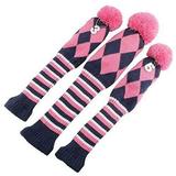 Golf Knit 3Pcs Headcover Set Vintange Pom Pom Sock Covers 1-3-5 Pink & White New