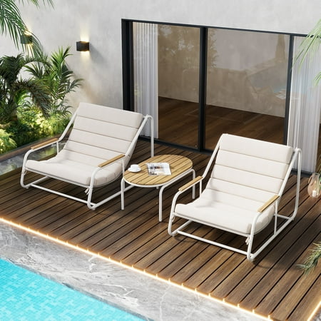 Outdoor Chaise Lounge Chairs Set of 3 Segmart Patio Chaise Lounge Chair with Acacia Side Table Pool Lounge Chairs for Lawn Deck Beach Max Weight 400 lbs Beige & White