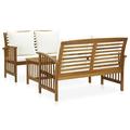 Dcenta 3 Piece Wooden Patio Lounge Set 2 Garden Bench and Coffee Side Table with Cream White Cushion Acacia Wood Sectional Outdoor Furniture Set for Patio Backyard Garden Balcony