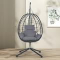 BTMWAY Wicker Egg Chair Patio Foldable Swing Chair with Stand and Removable Cushion All-Weather Rattan Hanging Basket Chair Hammock Chair for Patio Balcony Porch Garden 265lbs Capacity Gray