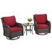 Zzistar 3 Pieces Patio Bistro Set Wicker Weave 360 Degree Swivel Rocking Chairs with Glass Side Table Red