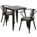 BizChair Commercial Grade 23.75 Square Black-Antique Gold Metal Indoor-Outdoor Table Set with 2 Arm Chairs