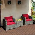 Costway 3 PC Patio Rattan Furniture Bistro Set Cushioned Sofa Chair Table Red