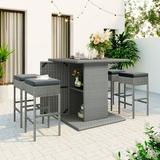 uhomepro 5 Piece Outdoor Rattan Wicker Dining Table and Stools Furniture Set Outdoor High Top Counter Height Dining Table Set Bistro Bar Set with Cushioned Stools and Storage Shelf for Backyard