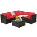 Gymax 6PCS Rattan Patio Conversation Set Sectional Sofa Outdoor w/ Red Cushions